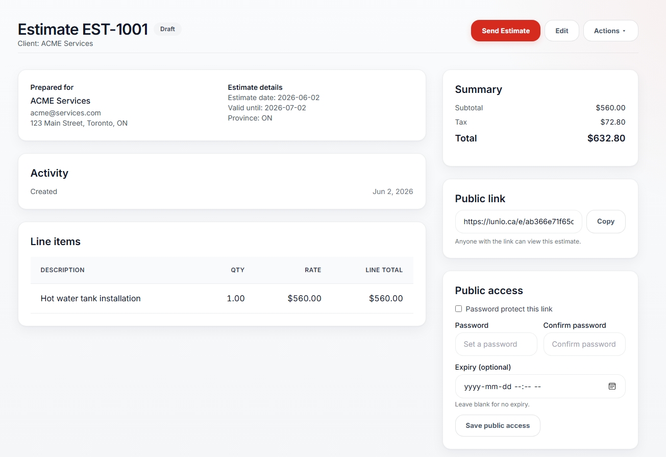 Lunio estimates screenshot