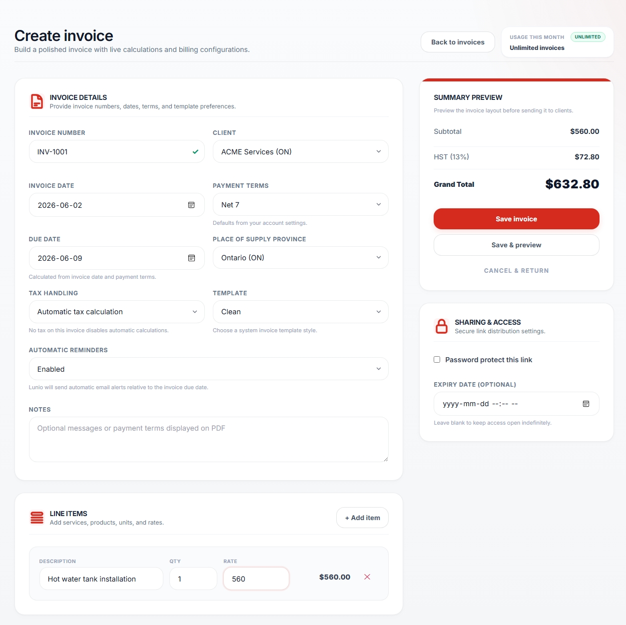 Lunio invoice creation screenshot