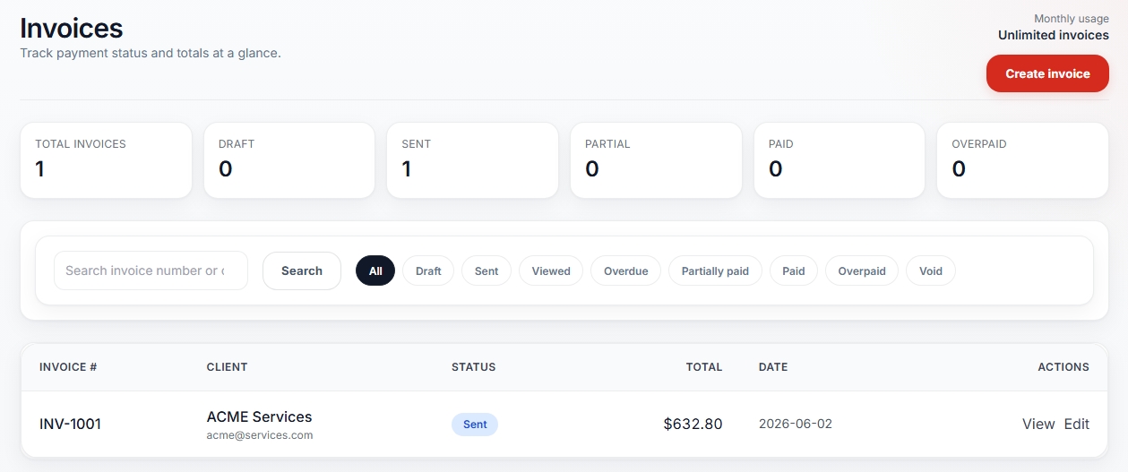 Lunio payment tracking screenshot